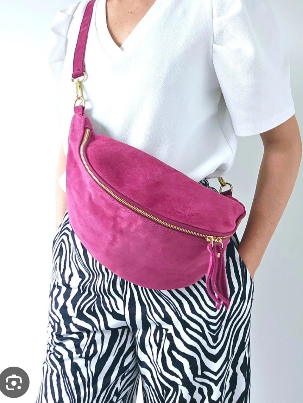 X Large Pink Fuchsia Suede Crossbody Belt Bag Fanny Pack Genuine Leather New